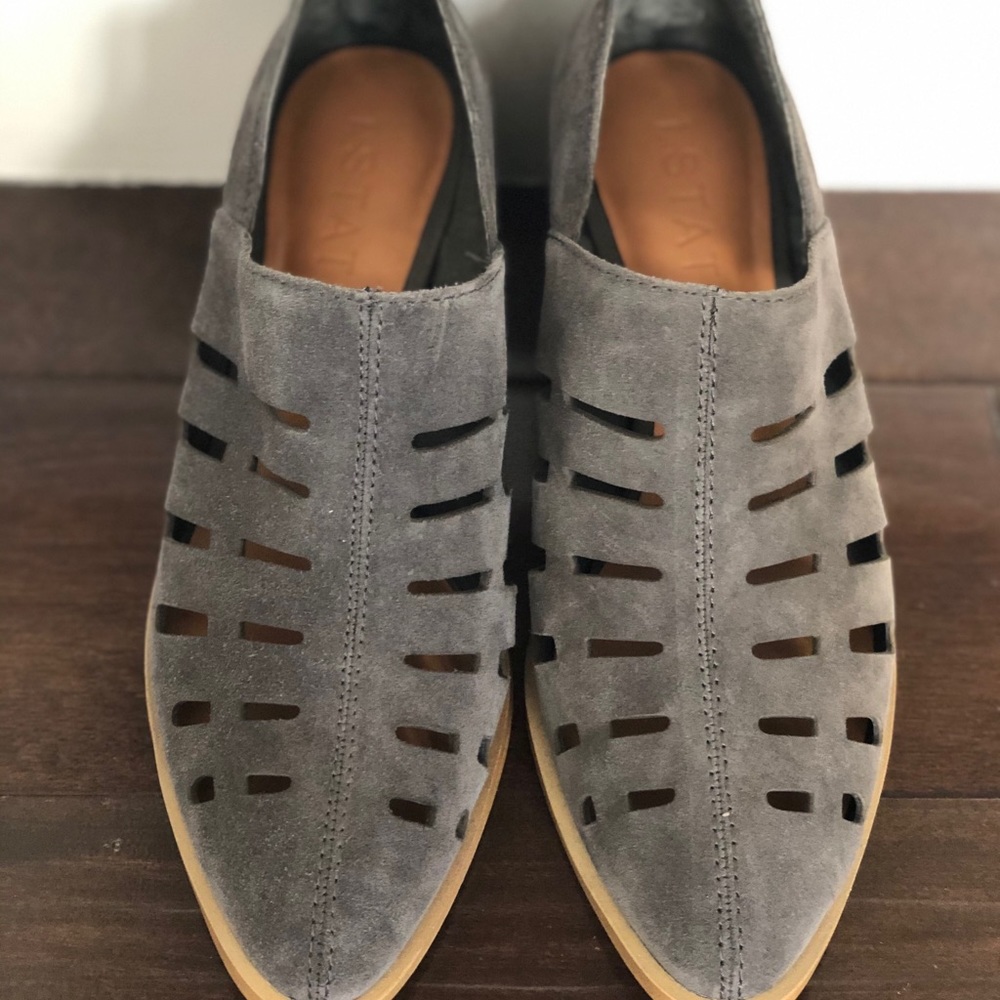 SOLD: 1. State: Gray ankle boots w/zip @ back